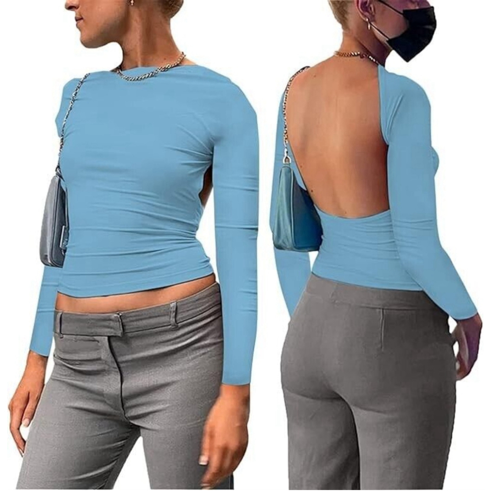 Backless Long Sleeve Top with Crewneck in Blue Size XS
